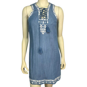 3/$20 Chelsea  Violet Sz XS Shift Dress Lace Up Neckline Embroidered Chambray
